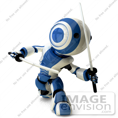 #42208 Clip Art Graphic of a Blue Futuristic Robot With Katana Swords by Jester Arts