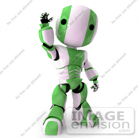 #42216 Clip Art Graphic of a Green Futuristic Robot Waving by Jester Arts