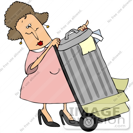 #42379 Clip Art Graphic of a Lady Rolling Garbage To The Curb by DJArt