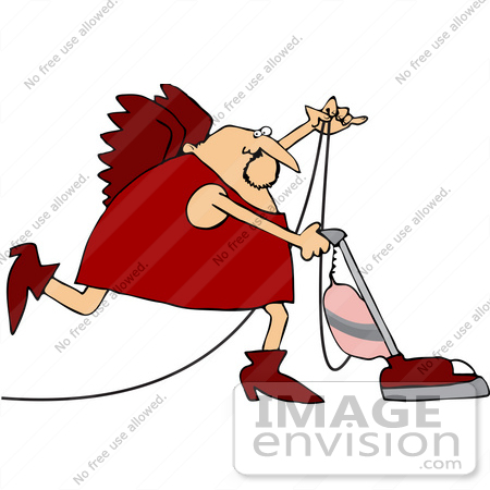 #42734 Royalty-Free (RF) Clipart Illustration of a Cupid In Red, Vacuuming by DJArt