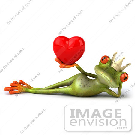 #42750 Royalty-Free Clipart Illustration of a Reclined 3d Red-Eyed Frog Prince Wearing A Crown And Holding Up A Red Heart by Julos