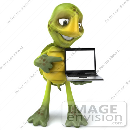 #43076 Royalty-Free (RF) Cartoon Clipart of a 3d Turtle Mascot Standing And Pointing To A Laptop by Julos