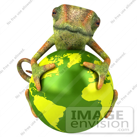 #43164 Royalty-Free (RF) Clipart Illustration of a 3d Lizard Chameleon Mascot Resting On Top Of A Globe by Julos