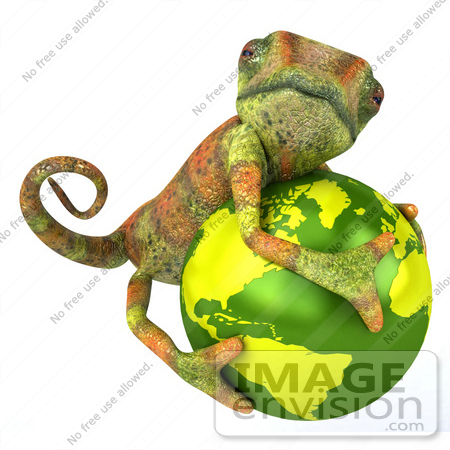 #43168 Royalty-Free (RF) Clipart Illustration of a 3d Lizard Chameleon Mascot Hugging A Globe by Julos