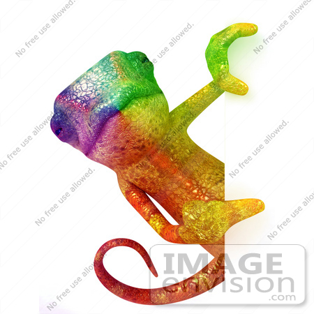 #43188 Royalty-Free (RF) Illustration of a 3d Rainbow Colored Chameleon Lizard Mascot Looking Around A Blank Sign by Julos