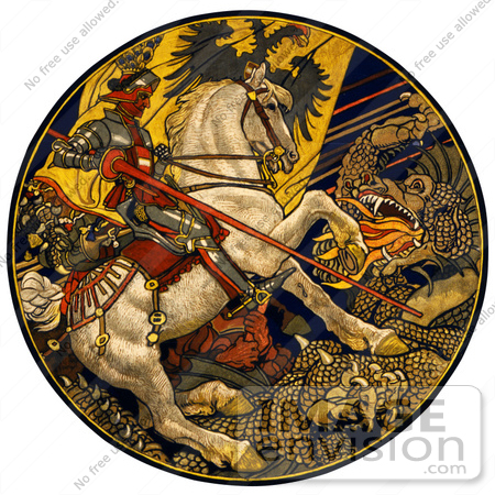 #43223 RF Illustration Of A Knight On A White Horse, Battling A Dragon Under An Austro-Hungarian Banner by JVPD