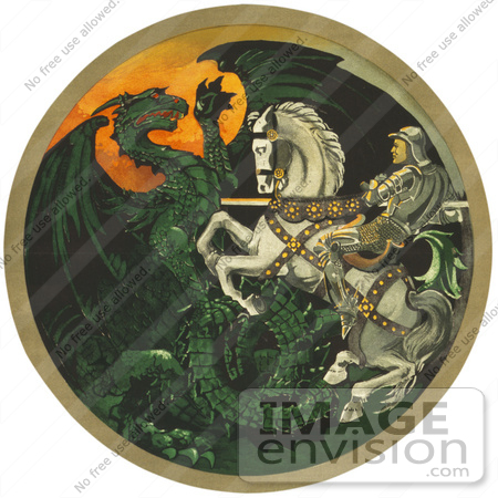 #43224 RF Illustration Of A Knight On A White Horse, Battling A Green Dragon by JVPD