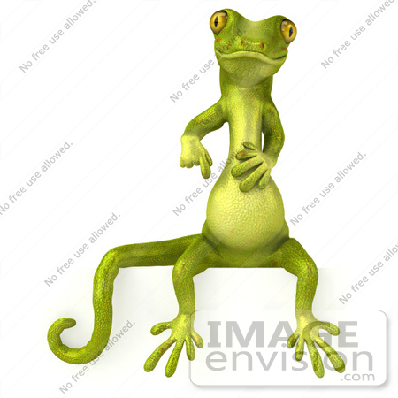 #43389 Royalty-Free (RF) Illustration of a 3d Green Gecko Mascot Sitting On And Pointing Down At A Blank Sign by Julos