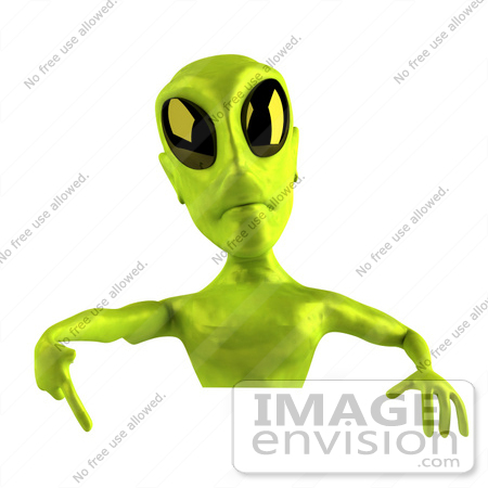 #43509 Royalty-Free (RF) Illustration of a 3d Green Alien Pointing Down At And Standing Behind A Blank Sign by Julos