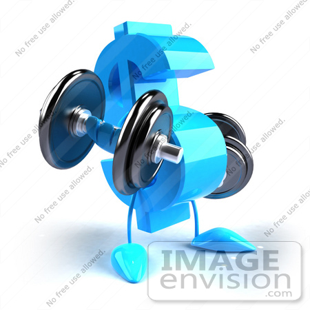 #43582 Royalty-Free (RF) Illustration of a 3d Blue Dollar Sign Mascot Lifting Weights by Julos