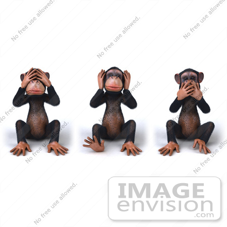 #43604 Royalty-Free (RF) Clipart Illustration of 3d Chimpanzee Mascots Covering Their Eyes, Ears And Mouths by Julos
