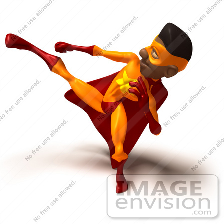 #43639 Royalty-Free (RF) Cartoon Illustration of an African American Male 3d Superhero Mascot Kicking High by Julos