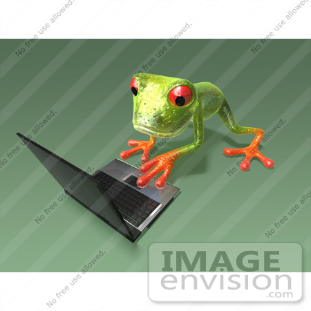 #43652 Royalty-Free (RF) Cartoon Illustration of a 3d Green Tree Frog Character Using A Laptop - Pose 6 by Julos