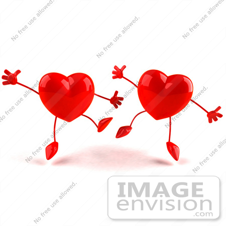 #43784 Royalty-Free (RF) Illustration of Two Happy 3d Red Love Heart Characters  Jumping - Version 2 by Julos