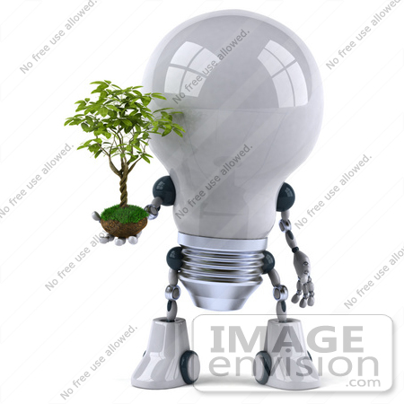 #43843 Royalty-Free (RF) Illustration of a 3d Robotic Incandescent  Light Bulb Mascot Holding A Plant - Version 1 by Julos