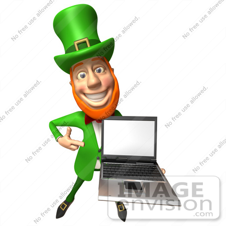 #43854 Royalty-Free (RF) Illustration of a Friendly 3d Leprechaun Man Mascot Holding A Laptop - Version 2 by Julos