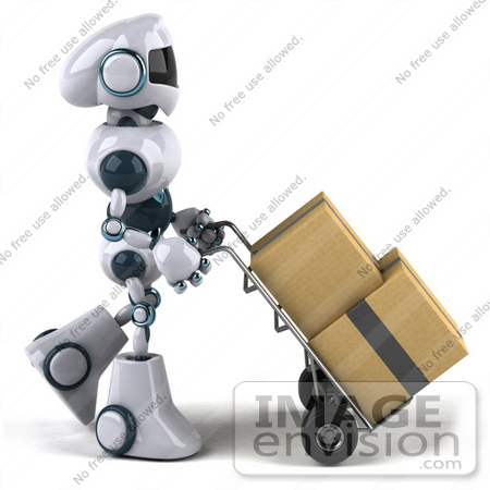 #43902 Royalty-Free (RF) Illustration of a 3d Robot Mascot Pushing Boxes On A Dolly - Version 1 by Julos