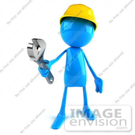 #44002 Royalty-Free (RF) Illustration of a 3d Blue Man Builder Mascot Holding A Wrench - Version 1 by Julos