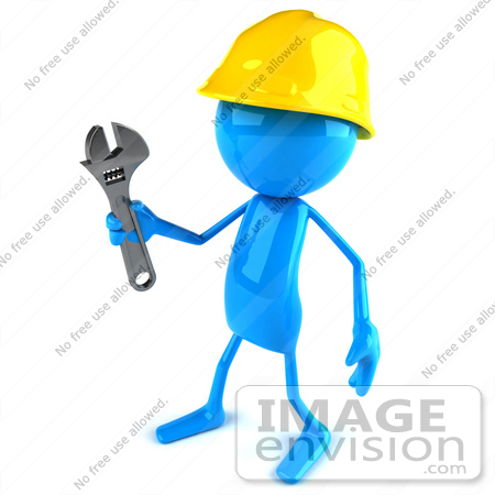 #44068 Royalty-Free (RF) Illustration of a 3d Blue Man Builder Mascot Holding A Wrench - Version 2 by Julos
