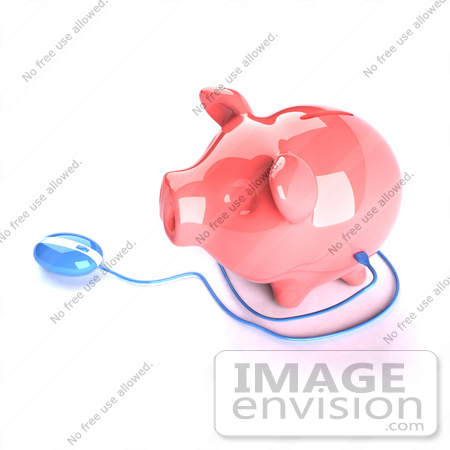 #44276 Royalty-Free (RF) Illustration of a 3d Blue Computer Mouse Around A Pink Piggy Bank - Pose 1 by Julos