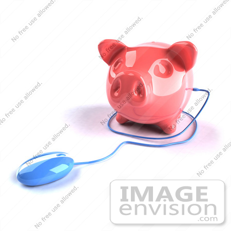 #44288 Royalty-Free (RF) Illustration of a 3d Blue Computer Mouse Around A Pink Piggy Bank - Pose 3 by Julos