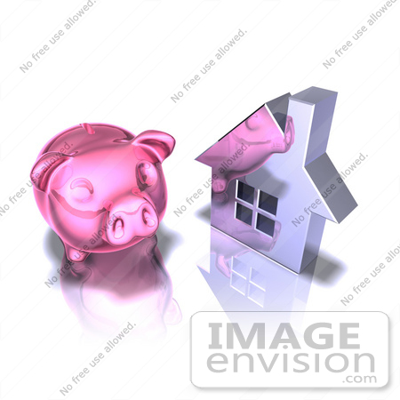 #44291 Royalty-Free (RF) Illustration of a 3d Pink Piggy Bank By A Silver House - Pose 2 by Julos
