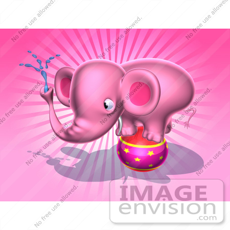 #44367 Royalty-Free (RF) Illustration of a 3d Pink Elephant Mascot Standing On A Circus Ball And Spraying Water - Pose 4 by Julos
