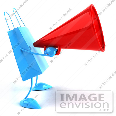 #44400 Royalty-Free (RF) Illustration of a 3d Blue Shopping Bag Mascot Using A Megaphone by Julos