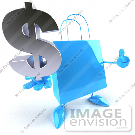 #44410 Royalty-Free (RF) Illustration of a Blue 3d Shopping Bag Mascot With Arms And Legs, Holding A Dollar Symbol - Pose 2 by Julos