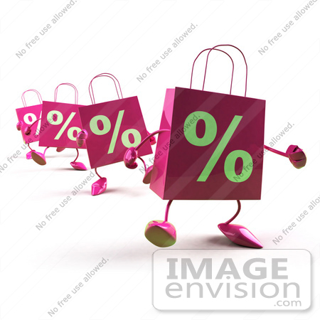 #44422 Royalty-Free (RF) Illustration of 3d Pink Percent Shopping Bags Walking Forward by Julos