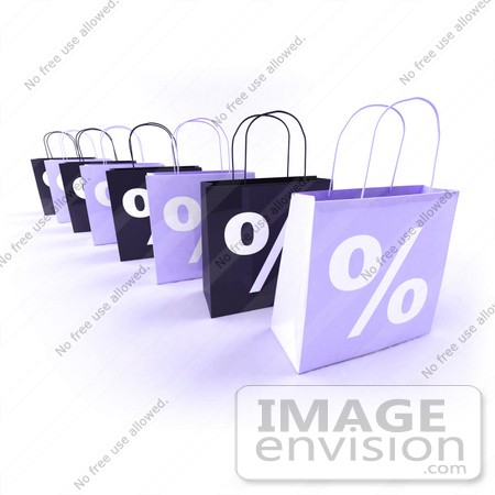 #44435 Royalty-Free (RF) Illustration of a Row Of 3d Purple Percent Sign Shopping Bags by Julos