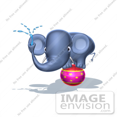 #44648 Royalty-Free (RF) Illustration of a 3d Blue Elephant Mascot Standing On A Circus Ball And Spraying Water - Pose 3 by Julos