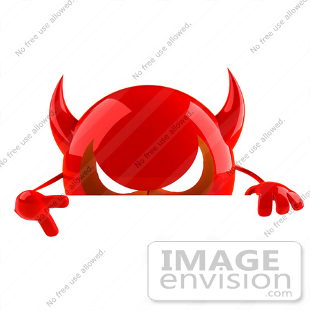 #44696 Royalty-Free (RF) Illustration of a 3d Red Devil Head Mascot Giving The Peace Sign And Standing Behind A Blank Sign by Julos