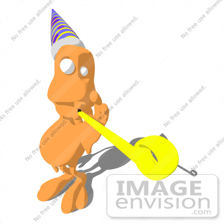 #45363 Royalty-Free (RF) Illustration Of An Orange Monster Mascot Playing With A Party Blower by Julos
