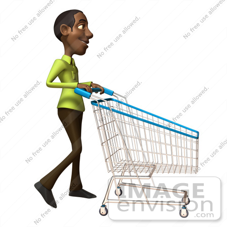 #46547 Royalty-Free (RF) Illustration Of A 3d Casual Black Man Mascot Pushing A Shopping Cart - Version 2 by Julos