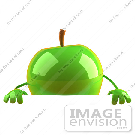 #46588 Royalty-Free (RF) Illustration Of A 3d Green Apple Mascot Standing Behind A Blank Sign by Julos