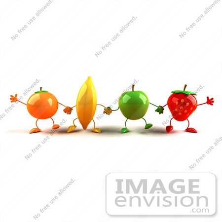 #46597 Royalty-Free (RF) Illustration Of A Line Of 3d Orange, Banana, Green Apple And Strawberry Mascots Holding Hands by Julos