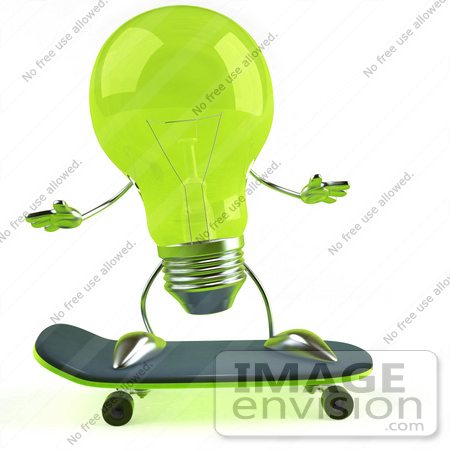 #46758 Royalty-Free (RF) Illustration Of A Green 3d Glass Light Bulb Mascot Skateboarding - Version 1 by Julos