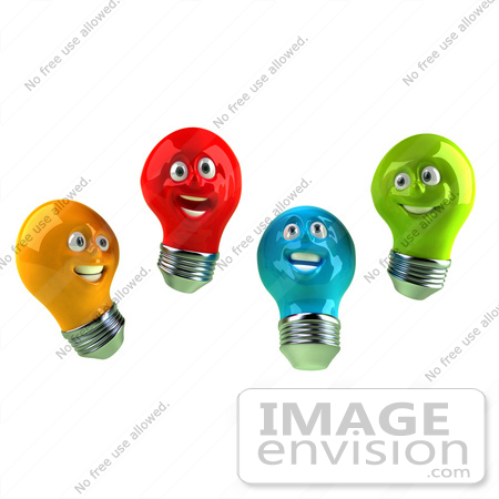 #46813 Royalty-Free (RF) Illustration Of A Group Of Happy Colorful 3d Electric Light Bulb Head Mascots by Julos