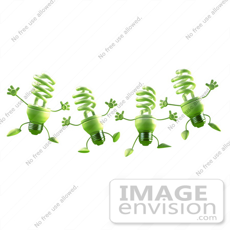 #46814 Royalty-Free (RF) Illustration Of Four Green 3d Spiral Light Bulb Mascots Leaping by Julos