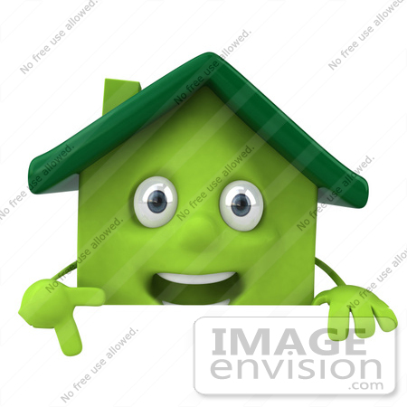 #46894 Royalty-Free (RF) Illustration Of A 3d Green Clay House Mascot Pointing Down And Standing Behind A Blank Sign by Julos