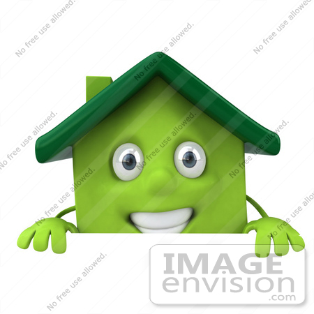 #46906 Royalty-Free (RF) Illustration Of A 3d Green Clay House Mascot Standing Behind A Sign Board by Julos