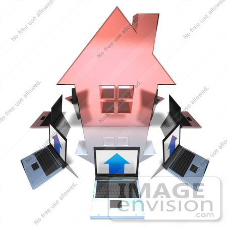 #46993 Royalty-Free (RF) Illustration Of 3d Laptops Circling A Red House by Julos
