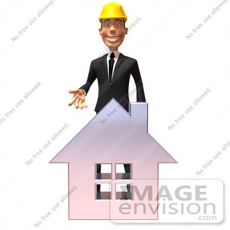 #47004 Royalty-Free (RF) Illustration Of A 3d Contractor Mascot Standing Behind A Chrome House by Julos