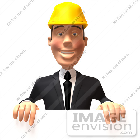 #47020 Royalty-Free (RF) Illustration of a 3d Contractor Mascot Standing Behind A Blank Sign by Julos