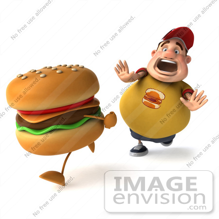 #47021 Royalty-Free (RF) Illustration Of A 3d Fat Burger Boy Mascot Chasing A Cheeseburger - Version 2 by Julos