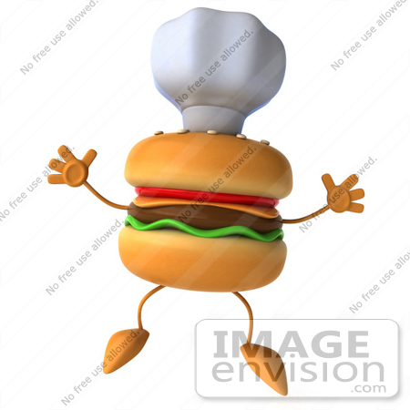 #47028 Royalty-Free (RF) Illustration Of A 3d Cheeseburger Mascot Jumping And Wearing A Chef Hat by Julos