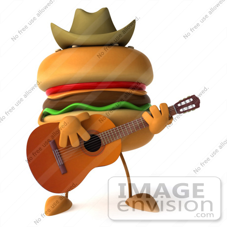 #47031 Royalty-Free (RF) Illustration Of A 3d Cheeseburger Mascot Playing A Guitar And Wearing A Cowboy Hat by Julos