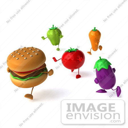 #47047 Royalty-Free (RF) Illustration Of A 3d Cheeseburger Running From Healthy Veggies by Julos