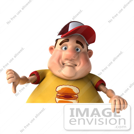#47095 Royalty-Free (RF) Illustration Of A 3d Fat Burger Boy Mascot Holding His Thumb Down Over A Blank Sign by Julos